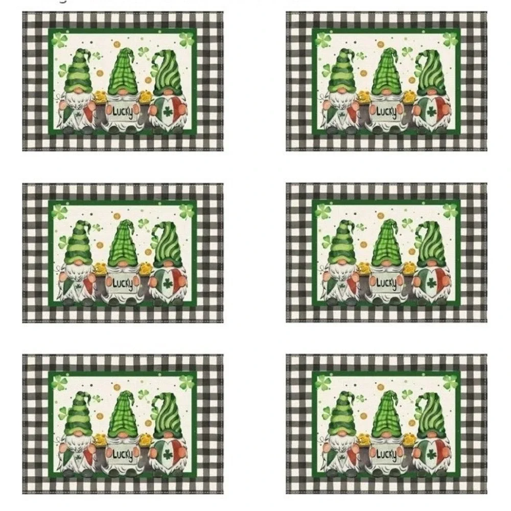 XCHI St Patrick's Day Placemats Set of 6 Plaid Gnome Shamrock Table Mats 12x18
